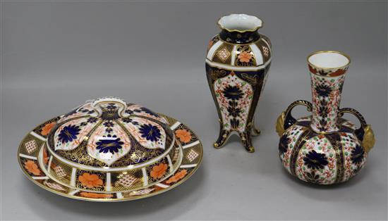 Two Royal Crown Derby vases and a Royal Crown Derby muffin dish muffin dish diameter 22cm
